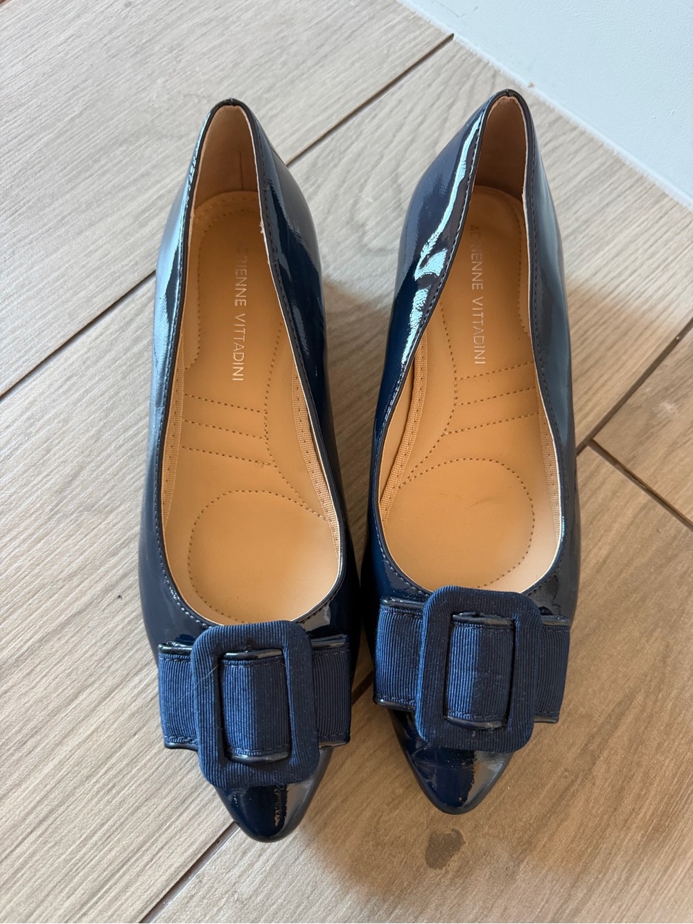 Adrienne Vittadini Navy Patent Pointed Toe Flats with Bow Accent